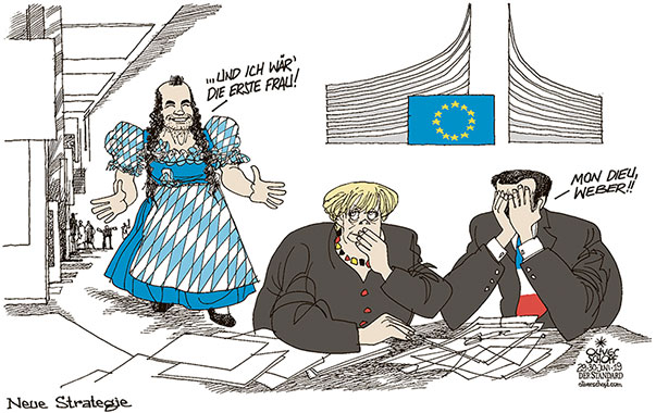 Oliver Schopf, politischer Karikaturist aus Österreich, politische Karikaturen aus Österreich, Karikatur Cartoon Illustrationen Politik Politiker Europa 2019 EU KOMMISSIONSPRÄSIDENT MACRON WEBER MERKEL FRAUENANTEIL FRAU VERKLIEDEN
