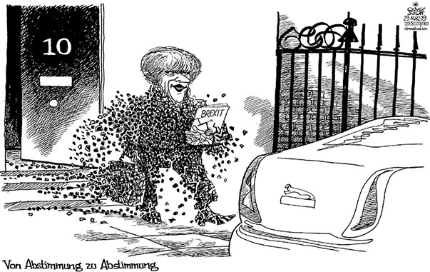  Oliver Schopf, politischer Karikaturist aus Österreich, politische Karikaturen, Illustrationen Archiv politische Karikatur Europa Great Britain UK GROSSBRITANNIEN BREXIT 2019 GROSSBRITANNIEN THERESA MAY ABSTIMMUNGEN BREXIT DOWINGSTREET 10 ZERBRÖSELN
