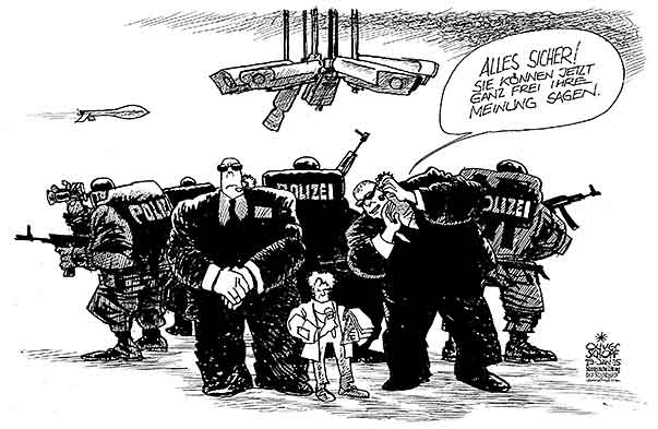 Oliver Schopf, politischer Karikaturist aus Österreich, politische Karikaturen aus Österreich, Karikatur Cartoon Illustrationen Politik Politiker Europa 2015 FRANKREICH TERROR SICHERHEIT MEINUNGSFREIHEIT MEDIEN JOURNALIST CHARLIE HEBDO POLIZEI UEBERWACHUNG BODYGUARD DROHNE KAMERA GEHEIMDIENST</p> <p>
