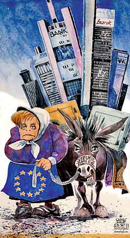 Oliver Schopf, politischer Karikaturist aus Österreich, politische Karikaturen aus Österreich, Karikatur Illustrationen Wirtschaft und Finanzen Europa Wirtschaft und Finanzen 2011 merkel euro griechenland banken steuerzahler esel packesel







