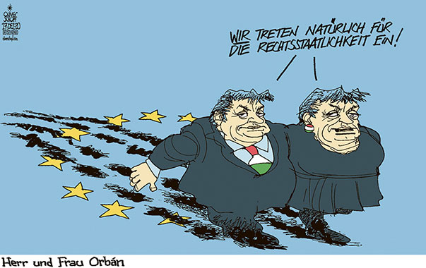 Oliver Schopf, politischer Karikaturist aus Österreich, politische Karikaturen aus Österreich, Karikatur Cartoon Illustrationen Politik Politiker Europa 2020: UNGARN VIKTOR ORBÁN MANN FRAU LESBEN SCHWULEN BISEXUELLE TRANSSEXUELLE INTERSEXUELLE LGBTI RECHTSSTAATLICHKEIT EU MENSCHENRECHTE MIT FÜSSEN TRETEN  
