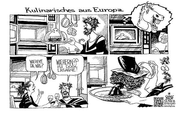  Oliver Schopf, politischer Karikaturist aus Österreich, politische Karikaturen, Illustrationen Archiv politische Karikatur Europa 
Lebensmittelskandale 2013 PFERDEFLEISCH LASAGNE LEBENSMITTEL SKANDAL FINDUS ESSEN PFERDEFUSS WIEHERN MIKROWELLE

