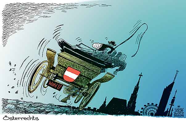 Oliver Schopf, politischer Karikaturist aus Österreich, politische Karikaturen aus Österreich, Karikatur Cartoon Illustrationen Politik Politiker Österreich 2017 : NATIONALRATSWAHL RECHTSRUCK FIAKER KUTSCHER WIEN SCHRÄG TÜRKIS BLAU





 