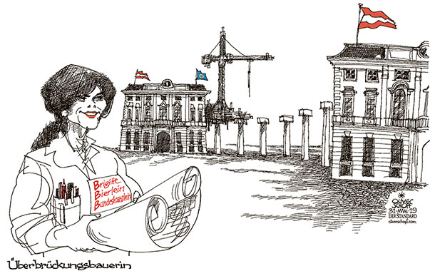 Oliver Schopf, politischer Karikaturist aus Österreich, politische Karikaturen aus Österreich, Karikatur Cartoon Illustrationen Politik Politiker Österreich 2019 : BUNDESKANZLERIN BRIGITTE BIERLEIN ÜBERGANGSREGIERUNG ÜBERBRÜCKUNG BRÜCKENBAUER BUNDESKANZLERAMT 

