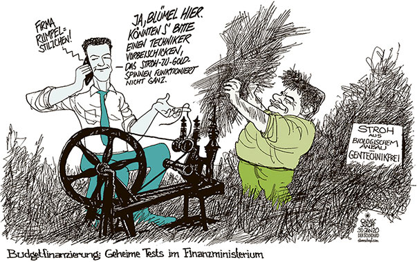 Oliver Schopf, politischer Karikaturist aus Österreich, politische Karikaturen aus Österreich, Karikatur Cartoon Illustrationen Politik Politiker Österreich 2020 : REGIERUNG KOALITION TÜRKIS GRÜN GERNOT BLÜMEL WERNER KOGLER BUDGET FINANZIERUNG GEGENFINANZIERUNG RUMPELSTILZCHEN STROH GOLD SPINNEN SPINNRAD
