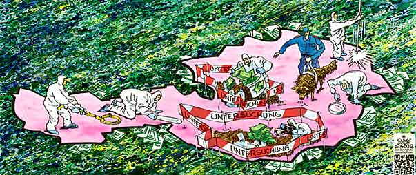  Oliver Schopf, politischer Karikaturist aus Österreich, politische Karikaturen, Illustrationen Archiv politische Karikatur Österreich 2012 BUNDESLAENDER SALZBURG KAERNTEN SPEKULATIONEN SWAP DERIVATE VERLUSTE BEAMTE UNTERSUCHUNG SPURENSICHERUNG KRIMINALTECHNISCHE UNTERSUCHUNG KTU ABSPERRUNG SUCHHUND FORENSIK 

    