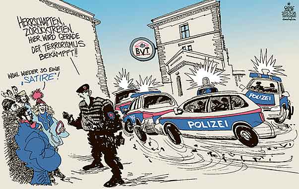 Oliver Schopf, politischer Karikaturist aus Österreich, politische Karikaturen aus Österreich, Karikatur Cartoon Illustrationen Politik Politiker Österreich 2018 : WIEN BVT BUNDESAMT FÜR VERFASSUNGSSCHUTZ UND TERRORISMUSBEKÄMPFUNG POLIZEI RAZZIA POLIZEIWAGEN BLAULICHT ABSPERRUNG FPÖ STRACHE SATIRE


