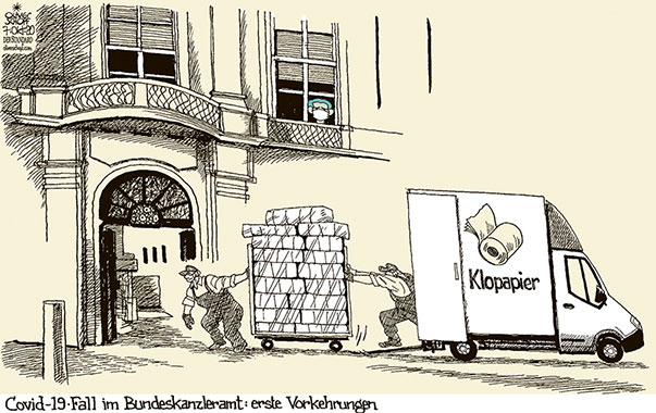 Oliver Schopf, politischer Karikaturist aus Österreich, politische Karikaturen aus Österreich, Karikatur Cartoon Illustrationen Politik Politiker Österreich 2020  : CORONAVIRUS KRISE SARS-CoV-2 COVID-19 INFEKTION POSITIV MITARBEITER KABINETT KURZ BUNDESKANZLERAMT BALLHAUSPLATZ WIEN KLOPAPIER LIEFERWAGEN LIEFERUNG 
