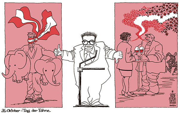  Oliver Schopf, politischer Karikaturist aus Österreich, politische Karikaturen, Illustrationen Archiv politische Karikatur Österreich 2020: CORONAVIRUS KRISE SARS-CoV-2 COVID-19 NATIONALFEIERTAG 26 OKTOBER ANSCHOBER VERORDNUNGEN MASKE ABSTAND BABYELEFANT TRINKEN ALKOHOL TAG DER FAHNE 

