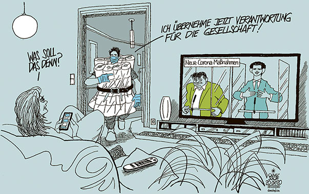  Oliver Schopf, politischer Karikaturist aus Österreich, politische Karikaturen, Illustrationen Archiv politische Karikatur Österreich 2020: CORONAVIRUS KRISE SARS-CoV-2 COVID-19 CORONAVIRUS KRISE SARS-CoV-2 COVID-19 REGIERUNG KOALITION TÜRKIS GRÜN ÖVP DIE GRÜNEN SEBASTIAN KURZ WERNER KOGLER MASSNAHMEN HERBST PRESSEKONFERENZ TV VERANTWORTUNG GESELLSCHAFT WOHNZIMMER KLOPAPIER MASKE 
