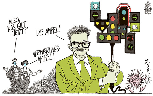 Oliver Schopf, politischer Karikaturist aus Österreich, politische Karikaturen aus Österreich, Karikatur Cartoon Illustrationen Politik Politiker Österreich 2020 : CORONAVIRUS KRISE SARS-COV-2 COVID-19 RUDI ANSCHOBER GESUNDHEITSMINISTER AMPEL SYSTEM FÖDERALISMUS BUNDESLÄNDER VERORDNUNGEN VERWIRRUNG VERKEHRSAMPEL FUSSGÄNGERAMPEL STRASSENBAHNAMPEL BAHN SIGNAL LICHTER 
