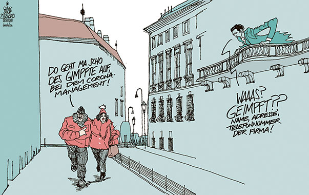 Oliver Schopf, politischer Karikaturist aus Österreich, politische Karikaturen aus Österreich, Karikatur Cartoon Illustrationen Politik Politiker Österreich 2020: CORONAVIRUS KRISE SARS-CoV-2 COVID-19 IMPFSTOFF IMPFEN DAS GIMPFTE AUFGEHEN REGIERUNG KOALITION SEBASTIAN KURZ BUNDESKANZLERAMT BRUNO KREISKY GASSE BALKON

