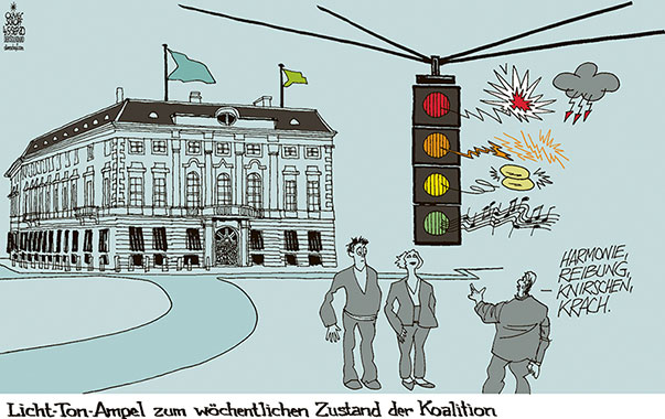 Oliver Schopf, politischer Karikaturist aus Österreich, politische Karikaturen aus Österreich, Karikatur Cartoon Illustrationen Politik Politiker Österreich 2020 : CORONAVIRUS KRISE REGIERUNG KOALITION TÜRKIS GRÜN BUNDESKANZLERAMT BALLHAUSPLATZ WIEN AMPELSYSTEM GRÜN GELB ORANGE ROT LAUTSPRECHER ZWIST REIBUNG KNIRSCHEN KRACH HARMONIE MUSIK
