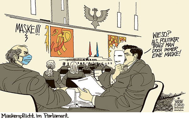 Oliver Schopf, politischer Karikaturist aus Österreich, politische Karikaturen aus Österreich, Karikatur Cartoon Illustrationen Politik Politiker Österreich 2020  : CORONAVIRUS KRISE COVID-19 SARS-CoV-2 NATIONALRAT PARLAMENT MASKEN MASKENPFLICHT ABGEORDNETE THEATERMASKE VERSTELLEN SCHAUSPIELER 
