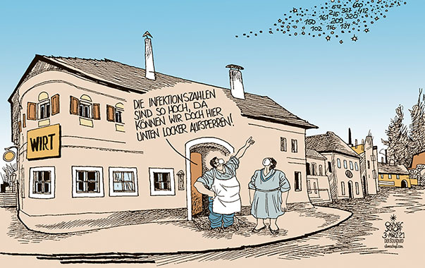 Oliver Schopf, politischer Karikaturist aus Österreich, politische Karikaturen aus Österreich, Karikatur Cartoon Illustrationen Politik Politiker Österreich 2021: CORONAVIRUS KRISE SARS-CoV-2 COVID-19 LOCKDOWN LOCKERUNGEN GASTRONOMIE ÖFFNUNG HOHE INFEKTIONSZAHLEN INZIDENZ GASTWIRT WIRT AUFSPERREN
