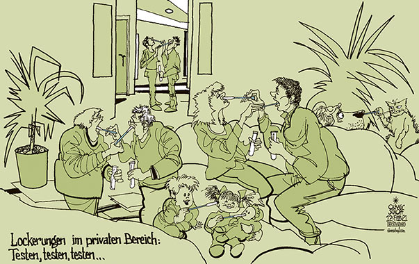 Oliver Schopf, politischer Karikaturist aus Österreich, politische Karikaturen aus Österreich, Karikatur Cartoon Illustrationen Politik Politiker Österreich 2021: CORONAVIRUS KRISE SARS-CoV-2 COVID-19 LOCKDOWN LOCKERUNG FAMILIE KINDER PUPPE OPA OMA ELTERN PRIVAT VERWANDTE WOHNUNG COVID-TEST ABSTRICH HUND KATZE
