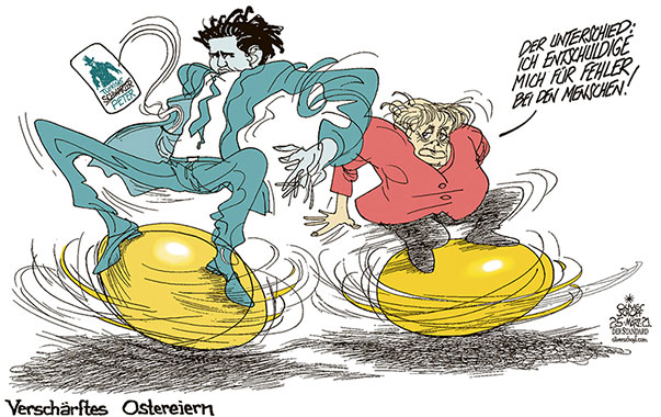 Oliver Schopf, politischer Karikaturist aus Österreich, politische Karikaturen aus Österreich, Karikatur Cartoon Illustrationen Politik Politiker Österreich 2021: CORONAVIRUS KRISE SARS-CoV-2 COVID-19 MASSNAHMEN VERORDNUNGEN OSTERRUHE OSTERN OSTEREIER EIERN HERUMEIERN SEBASTIAN KUR ANGELA MERKEL ENTSCHULDIGUNG FEHLER SCHWARZER PETER 
