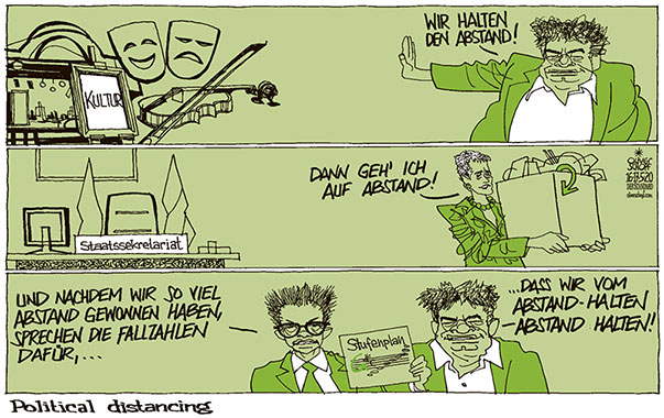 Oliver Schopf, politischer Karikaturist aus Österreich, politische Karikaturen aus Österreich, Karikatur Cartoon Illustrationen Politik Politiker Österreich 2020 : CORONAVIRUS KRISE SARS-COV-2 COVID-19 WERNER KOGLER RUDI ANSCHOBER ULRIKE LUNACEK KULTURPOLITIK THEATER OPER KONZERT KABARETT EVENTS STAATSSEKRETÄRIN RÜCKTRITT ABSTAND HALTEN
