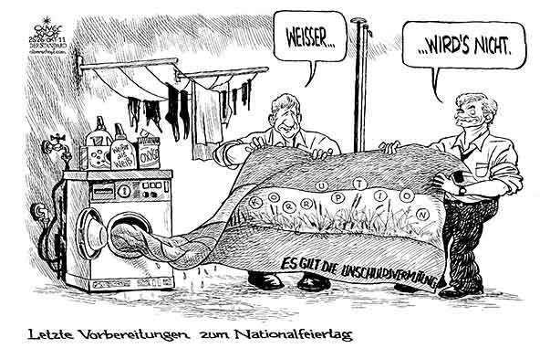  Oliver Schopf, politischer Karikaturist aus Österreich, politische Karikaturen, Illustrationen Archiv politische Karikatur Österreich: 2011 KOALITION FAYMANN SPINDELEGGER NATIONALFEIERTAG FAHNE WASCHMASCHINE KORRUPTION WEISS 
