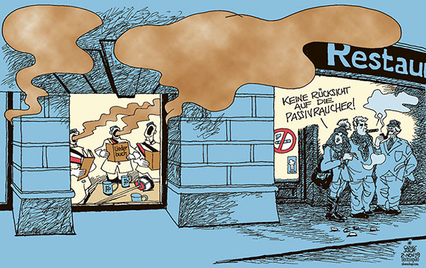 Oliver Schopf, politischer Karikaturist aus Österreich, politische Karikaturen aus Österreich, Karikatur Cartoon Illustrationen Politik Politiker Österreich 2019 : FPÖ BURSCHENSCHAFTEN LIEDERBUCH RECHTSEXTREM GEDANKENGUT BRETTERBUDE TIEFPARTERRE RAUCHVERBOT GASTRONOMIE RESTAURANT RAUCHER RAUCHEN STRASSE  
