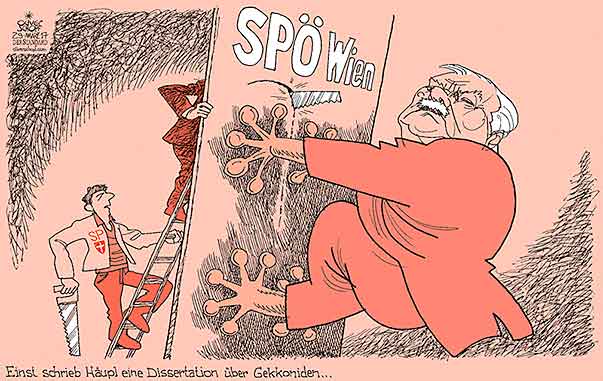 Oliver Schopf, politischer Karikaturist aus Österreich, politische Karikaturen aus Österreich, Karikatur Cartoon Illustrationen Politik Politiker Österreich 2017   SPÖ WIEN MICHAEL HÄUPL PARTEIVORSITZ GECKO GEKKONIDEN KLEBEN VORSITZ REBELLEN SÄGE  

