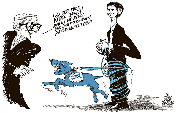 Oliver Schopf, politischer Karikaturist aus Österreich, politische Karikaturen aus Österreich, Karikatur Cartoon Illustrationen Politik Politiker Österreich 2018 : EU JUNCKER VILIMSKY FPÖ KURZ BESCHIMPFUNG BISSIGER HUND LEINE KÜSSEN RATSPRÄSIDENTSCHAFT 

