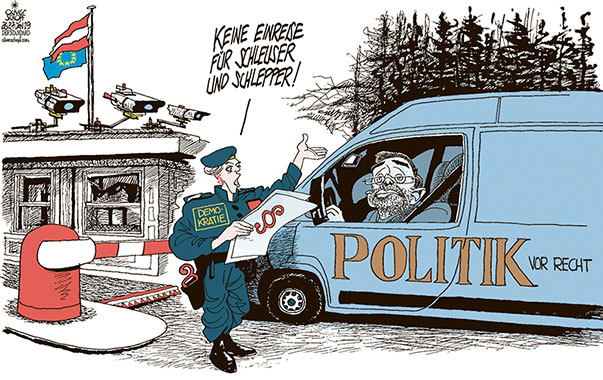 Oliver Schopf, politischer Karikaturist aus Österreich, politische Karikaturen aus Österreich, Karikatur Cartoon Illustrationen Politik Politiker Österreich 2019 : KICKL INNENMINISTER RECHTSSTAAT DEMOKRATIE POLITIK RECHT FOLGEN GRENZE GRENZÜBERGANG ABSCHIEBUNG ASYL BLEIBERECHT EINREISE SCHLEUSER SCHLEPPER KASTENWAGEN SCHLAGBAUM 
