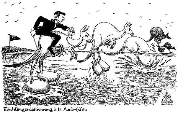  Oliver Schopf, politischer Karikaturist aus Österreich, politische Karikaturen, Illustrationen Archiv politische Karikatur Asylrecht Migration in Österreich  2016 SEBASTIAN KURZ AUSSENMINISTER FLÜCHTLINGE REFUGEES MITTELMEER BOOTE AUSTRALIEN KÄNGURUS ABSCHIEBEN RÜCKFÜHRUNG 





