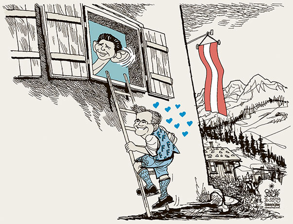 Oliver Schopf, politischer Karikaturist aus Österreich, politische Karikaturen aus Österreich, Karikatur Cartoon Illustrationen Politik Politiker Österreich 2019 : FPÖ PARTEITAG OBMANN NORBERT HOFER SEBASTIAN KURZ NATIONALRATSWAHL FENSTERLN LIEBE HERZ LEITER KOALITION TÜRKIS BLAU

