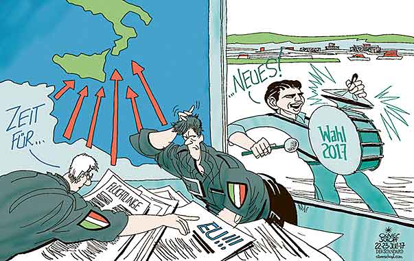 Oliver Schopf, politischer Karikaturist aus Österreich, politische Karikaturen, Illustrationen Archiv politische Karikatur Asylrecht Migration in Österreich  2017 FLÜCHTLINGE ITALIEN MITTELMEERROUTE SEBASTIAN KURZ WAHLKAMPF TROMMEL WERBUNG ZEIT FÜR NEUES 




