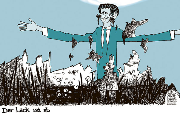 Oliver Schopf, politischer Karikaturist aus Österreich, politische Karikaturen aus Österreich, Karikatur Cartoon Illustrationen Politik Politiker Österreich 2021: ÖVP SEBASTIAN KURZ THOMAS SCHMID ÖBAG KORRUPTION SUMPF POSTENSCHACHER PARTEIBUCHWIRTSCHAFT VETTERNWIRTSCHAFT NEPOTISMUS FREUNDERLWIRTSCHAFT STRAHLEMANN DER LACK IST AB ENTZAUBERT 
