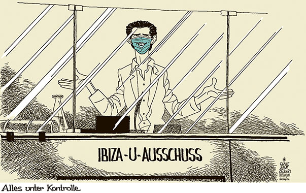 Oliver Schopf, politischer Karikaturist aus Österreich, politische Karikaturen aus Österreich, Karikatur Cartoon Illustrationen Politik Politiker Österreich 2020 : IBIZA UNTERSUCHUNGSAUSSCHUSS BUNDESKANZLER SEBASTIAN KURZ BEFRAGUNG PLEXIGLAS MASKE MUND NASEN SCHUTZ KONTROLLE LÄCHELN GUT GELAUNT  
