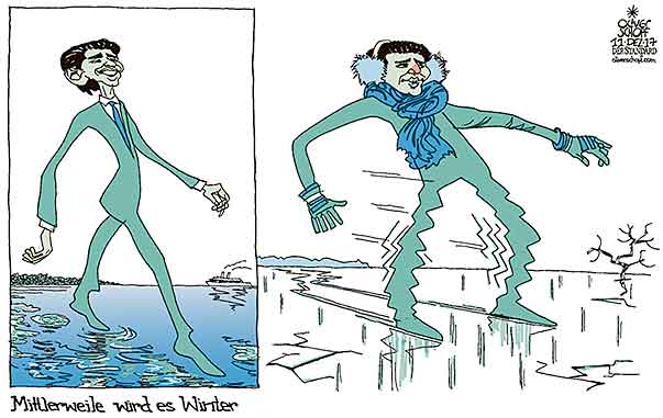 Oliver Schopf, politischer Karikaturist aus Österreich, politische Karikaturen aus Österreich, Karikatur Cartoon Illustrationen Politik Politiker Österreich 2017 : OEVP SEBASTIAN KURZ ÜBERS WASSER GEHEN WINTER EIS SEE GEFROREN
