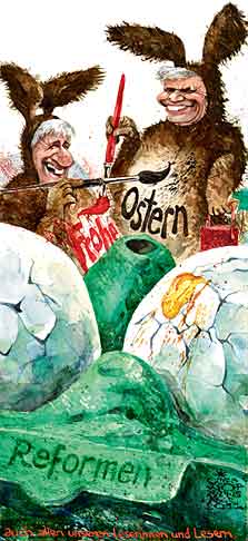 Oliver Schopf, politischer Karikaturist aus Österreich, politische Karikaturen aus Österreich, Karikatur, Illustrationen Politik Politiker Österreich 2011: regierung faymann spindelegger osterhase malen bauch pinseln eier 







 
  