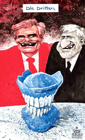 Oliver Schopf, editorial cartoons from Austria, cartoonist from Austria, Austrian illustrations, illustrator from Austria, editorial cartoon politics politician Austria 2011 faymann spindelegger strache  government freedom party teeth plate prosthesis 








