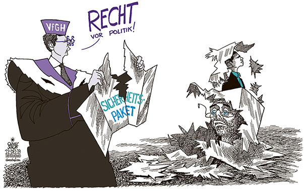  Oliver Schopf, politischer Karikaturist aus Österreich, politische Karikaturen, Illustrationen Archiv politische Karikatur Österreich: Polizei und Sicherheit 2019 SICHERHEITSPAKET ÜBERWACHUNG VERFASSUNGSGERICHTSHOF VfGH RICHTER ENTSCHEID REGIERUNG ÖVP FPÖ KURZ KICKL POLITIK VOR RECHT

