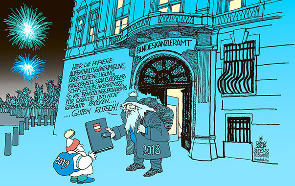 Oliver Schopf, politischer Karikaturist aus Österreich, politische Karikaturen aus Österreich, Karikatur Cartoon Illustrationen Politik Politiker Österreich 2018 : SILVESTER JAHRESWECHSEL BALLHAUSPLATZ BUNDESKANZLERAMT REGIERUNG TÜRKIS BLAU ALTES NEUES JAHR FEUERWERK DOKUMENTE PAPIERE BRÜCKENBAUER ÜBERGABE
