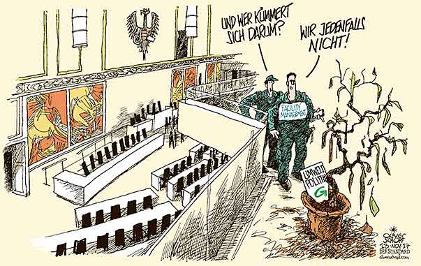 Oliver Schopf, politischer Karikaturist aus Österreich, politische Karikaturen aus Österreich, Karikatur Cartoon Illustrationen Politik Politiker Österreich 2017 : NATIONALRAT PARLAMENT AUSWEICHQUARTIER HOFBURG REDOUTENSÄLE DIE GRÜNEN UMWELTPOLITIK FACILITY MANAGEMENT PFLANZE 
