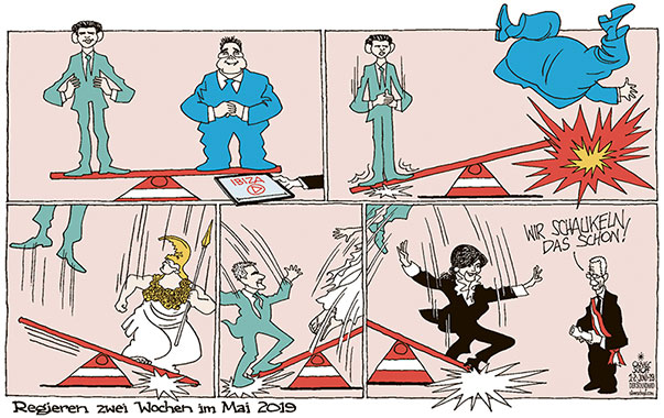 Oliver Schopf, politischer Karikaturist aus Österreich, politische Karikaturen aus Österreich, Karikatur Cartoon Illustrationen Politik Politiker Österreich 2019 : REGIERUNGSKRISE IBIZA VIDEO BUNDESKANZLER BUNDESKANZLERIN KURZ HARTWIG LÖGER BRIGITTE BIERLEIN BUNDESPRÄSIDENT VAN DER BELLEN PARLAMENT PALLAS ATHENE SCHAUKEL SCHAUKELN 
