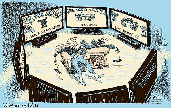 Oliver Schopf, politischer Karikaturist aus Österreich, politische Karikaturen aus Österreich, Karikatur Cartoon Illustrationen Politik Politiker Österreich 2017 : WAHLEN TV DUELL WAHLARENA KONFONTRATION RUNDER TISCH DISKUSSION ZUSEHER EINSCHLAFEN 

 