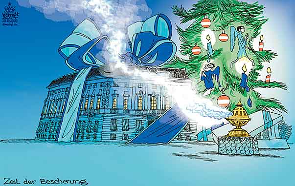 Oliver Schopf, politischer Karikaturist aus Österreich, politische Karikaturen aus Österreich, Karikatur Cartoon Illustrationen Politik Politiker Österreich 2017 : REGIERUNG ÖVP FPÖ KURZ STRACHE WEIHNACHTEN BALLHAUSPLATZ GESCHENK BESCHERUNG WEIHRAUCH CHRISTBAUM TÜRKIS BLAU
