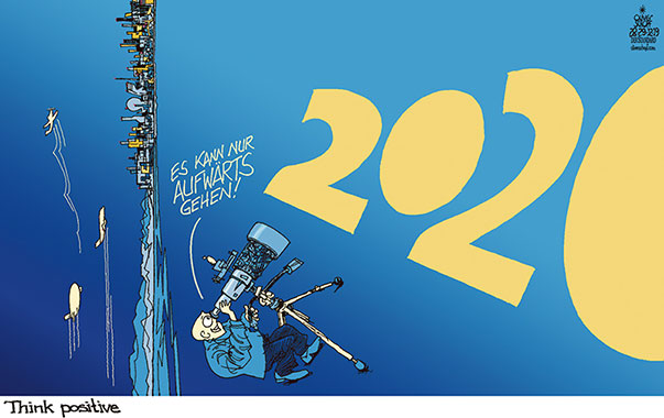 Oliver Schopf, politischer Karikaturist aus Österreich, politische Karikaturen aus Österreich, Karikatur Cartoon Illustrationen Politik Politiker international 2019 2020 : SILVESTER JAHRESWECHSEL AUSBLICK NEUJAHR FERNROHR AUFWÄRTS THINK POSITIVE PERSPEKTIVE BILD DREHEN  

