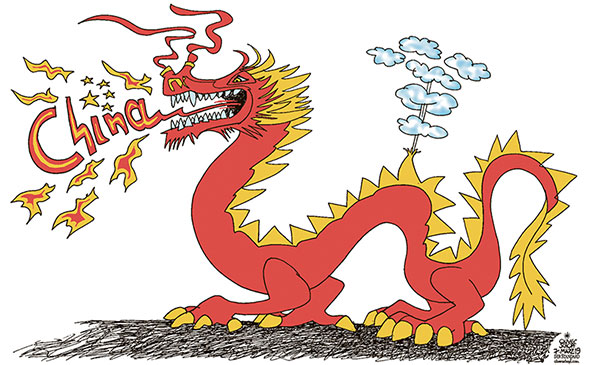 Oliver Schopf, editorial cartoons from Austria, cartoonist from Austria, Austrian illustrations, illustrator from Austria, editorial cartoon politics politician International, Cartoon Arts International, New York Times Syndicate, 2019 : CHINA ECONOMY GROWTH DRAGON FIRE AIR LEAK   
