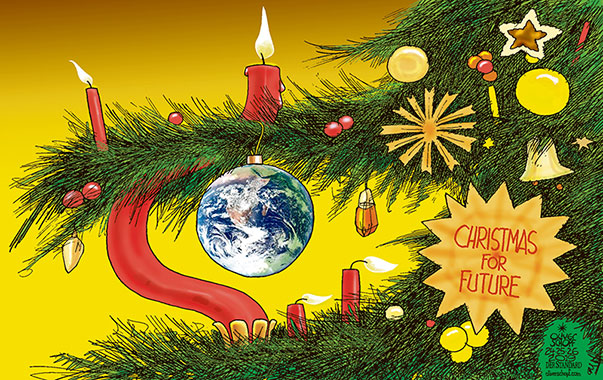 Oliver Schopf, editorial cartoons from Austria, cartoonist from Austria, Austrian illustrations, illustrator from Austria, editorial cartoon politics politician International, Cartoon Arts International, 2019: CHRISTMAS TREE DECORATION CANDLE LIGHT HEAT BURNING SPHERE EARTH PLANET CLIMATE CHANGE FRIDAYS FOR FUTURE GRETA THUNBERG   
