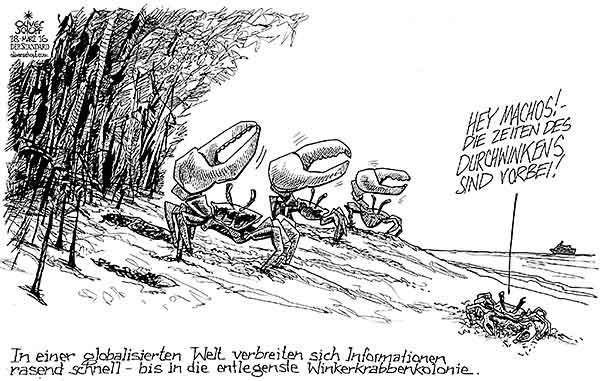  Oliver Schopf, politischer Karikaturist aus Österreich, politische Karikaturen, Illustrationen Archiv politische Karikatur Welt diverse Themen
2016 FLÜCHTLINGE MIGRATION ASYL DURCHWINKEN WINKERKRABBEN STRAND MANGROVEN  





