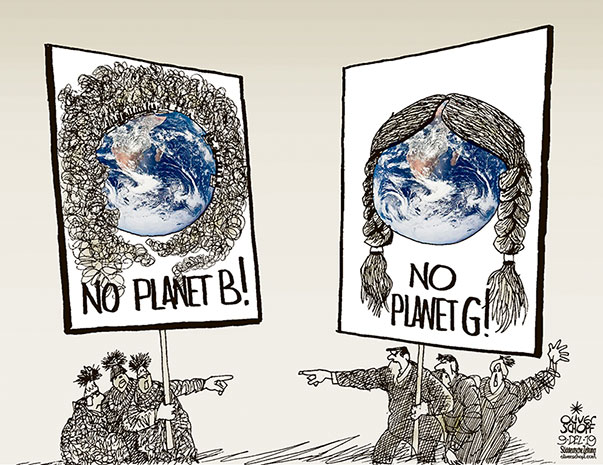 Oliver Schopf, editorial cartoons from Austria, cartoonist from Austria, Austrian illustrations, illustrator from Austria, editorial cartoon politics politician International, Cartoon Arts International, 2019: CLIMATE GLOBAL WARMING ENVIRONMENT ERTH PLANET B CO2 PROTESTS GRETA THUNBERG HAIR PIGTAILS COP MADRID CLIMATE CONFERENCE     
