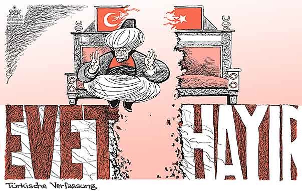  Oliver Schopf, politischer Karikaturist aus Österreich, politische Karikaturen, Illustrationen Archiv politische Karikatur Welt Türkei 2017 TÜRKEI ERDOGAN REFERENDUM VERFASSUNG EVET HAYIR SULTAN PASCHA SPALTUNG
