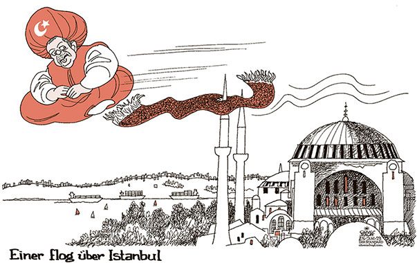 Oliver Schopf, politischer Karikaturist aus Österreich, politische Karikaturen aus Österreich, Karikatur Cartoon Illustrationen Politik Politiker international 2019 
TÜRKEI ERDOGAN AKP ISTANBUL BÜRGERMEISTERWAHL IMAMOGLU SULTAN FLIEGENDER TEPPICH HAGIA SOPHIA FLUG ABSTURZ          
