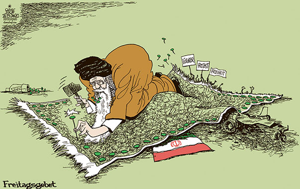 Oliver Schopf, politischer Karikaturist aus Österreich, politische Karikaturen aus Österreich, Karikatur Cartoon Illustrationen Politik Politiker international 2020 : IRAN ALI KHAMENEI CHAMENEI FREITAGSGEBET TEPPICH BOEING FLUGZEUG ABSCHUSS CRASH PROTESTE DEMONSTRATIONEN HAMMER NÄGEL
