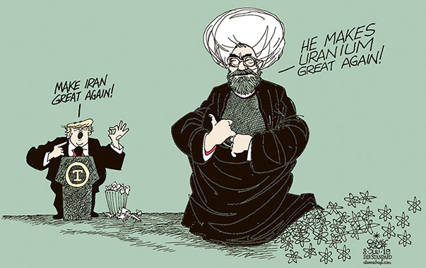 Oliver Schopf, editorial cartoons from Austria, cartoonist from Austria, Austrian illustrations, illustrator from Austria, editorial cartoon politics politician International, Cartoon Arts International, New York Times Syndicate, 2019 : USA IRAN TRUMP ROHANI NUCLEAR ACCORD DEAL URANIUM ENRICHMENT SANCTIONS ESCALATION CONFLICT 
